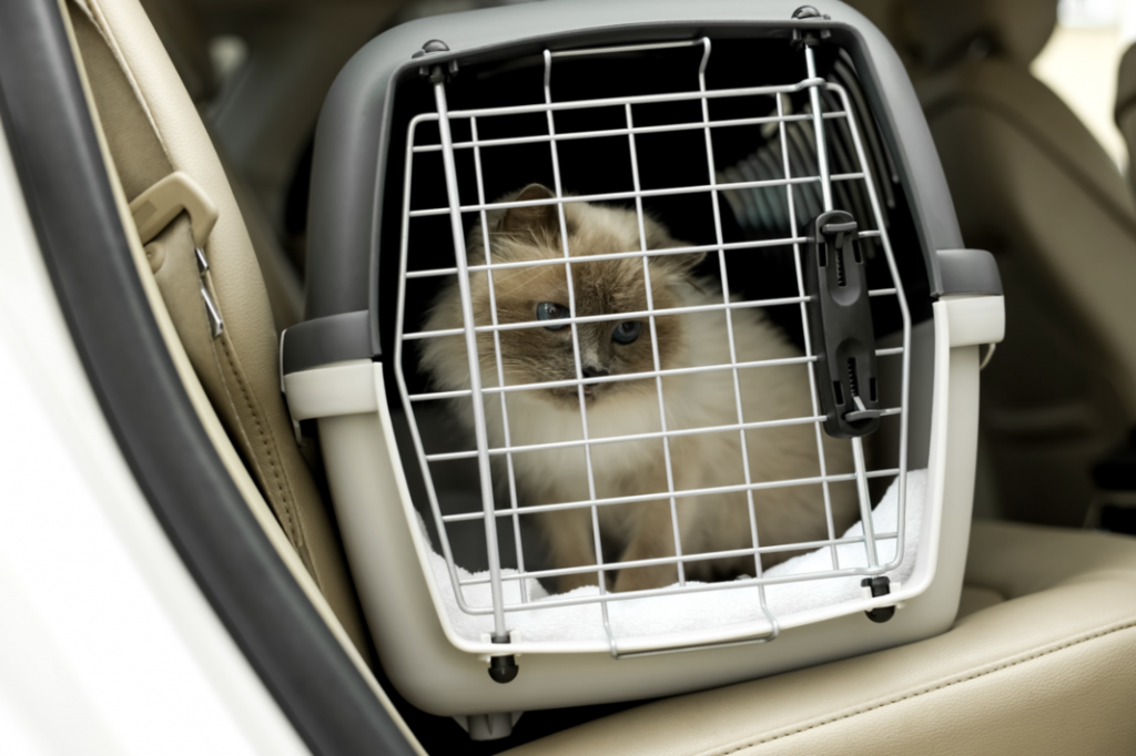 一隻貓在寵物籠，寵物租車注意事項