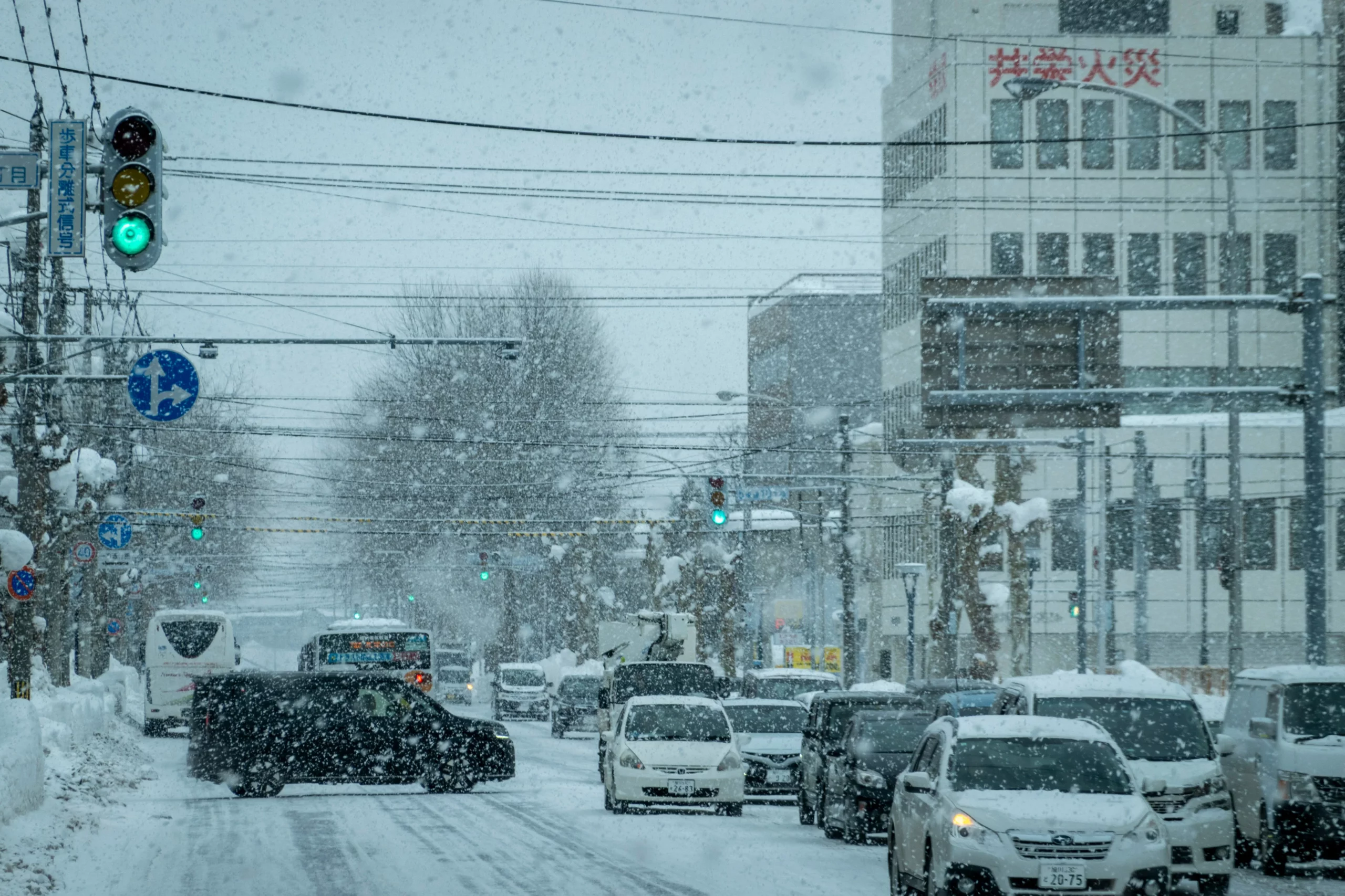 北海道街景圖,馬路上有許多車輛,正在下雪