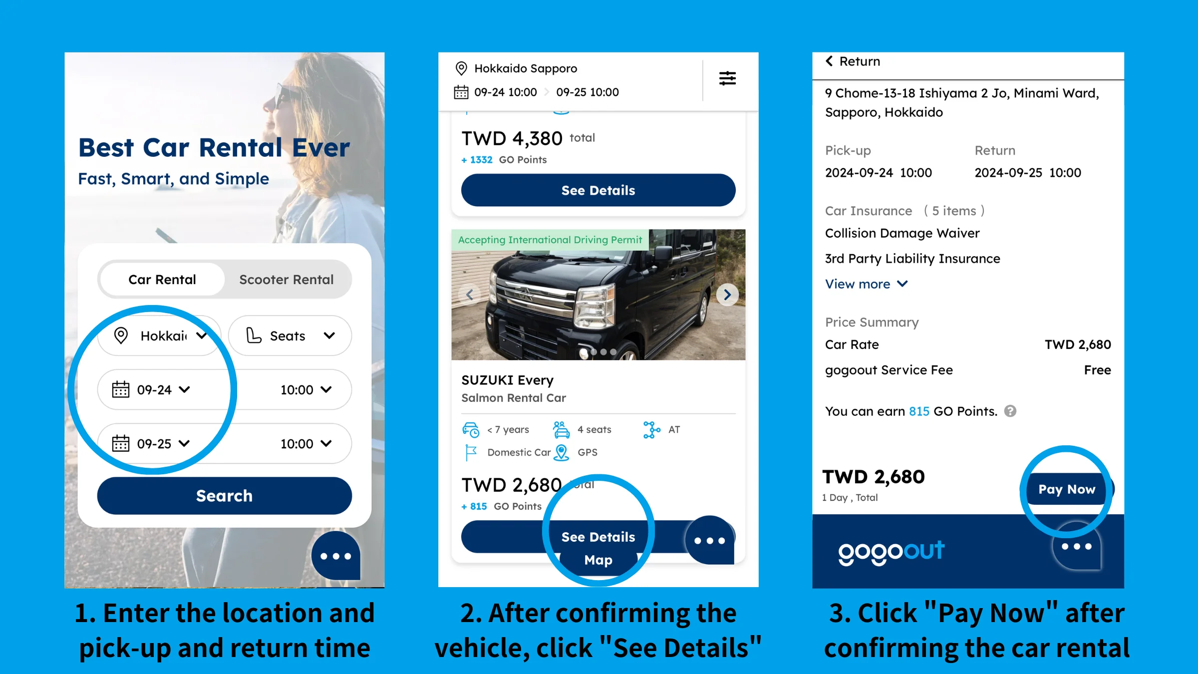 Hokkaido car rental, Hokkaido car rental flow chart, gogoout car rental three steps, online booking Hokkaido car rental