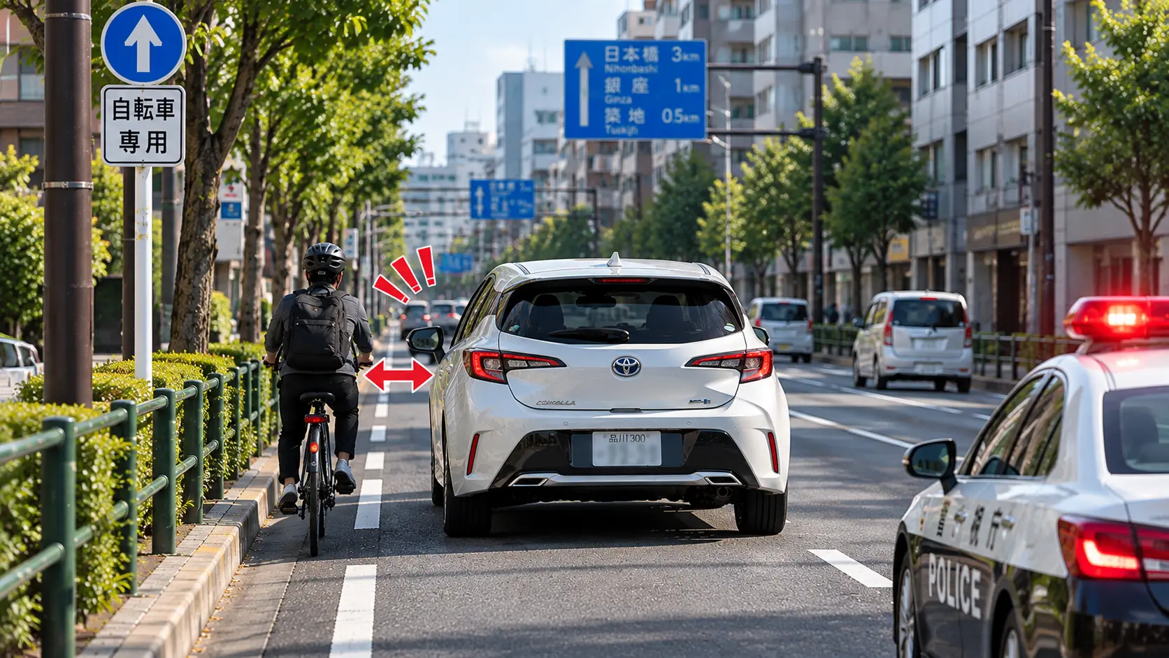 日本自駕汽車與自行車共用道路示意,提醒駕駛與自行車保持安全距離
