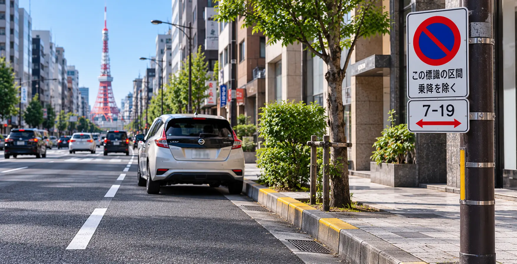 日本道路禁止停車標誌與時段限制示意,提醒自駕旅客注意停車規定