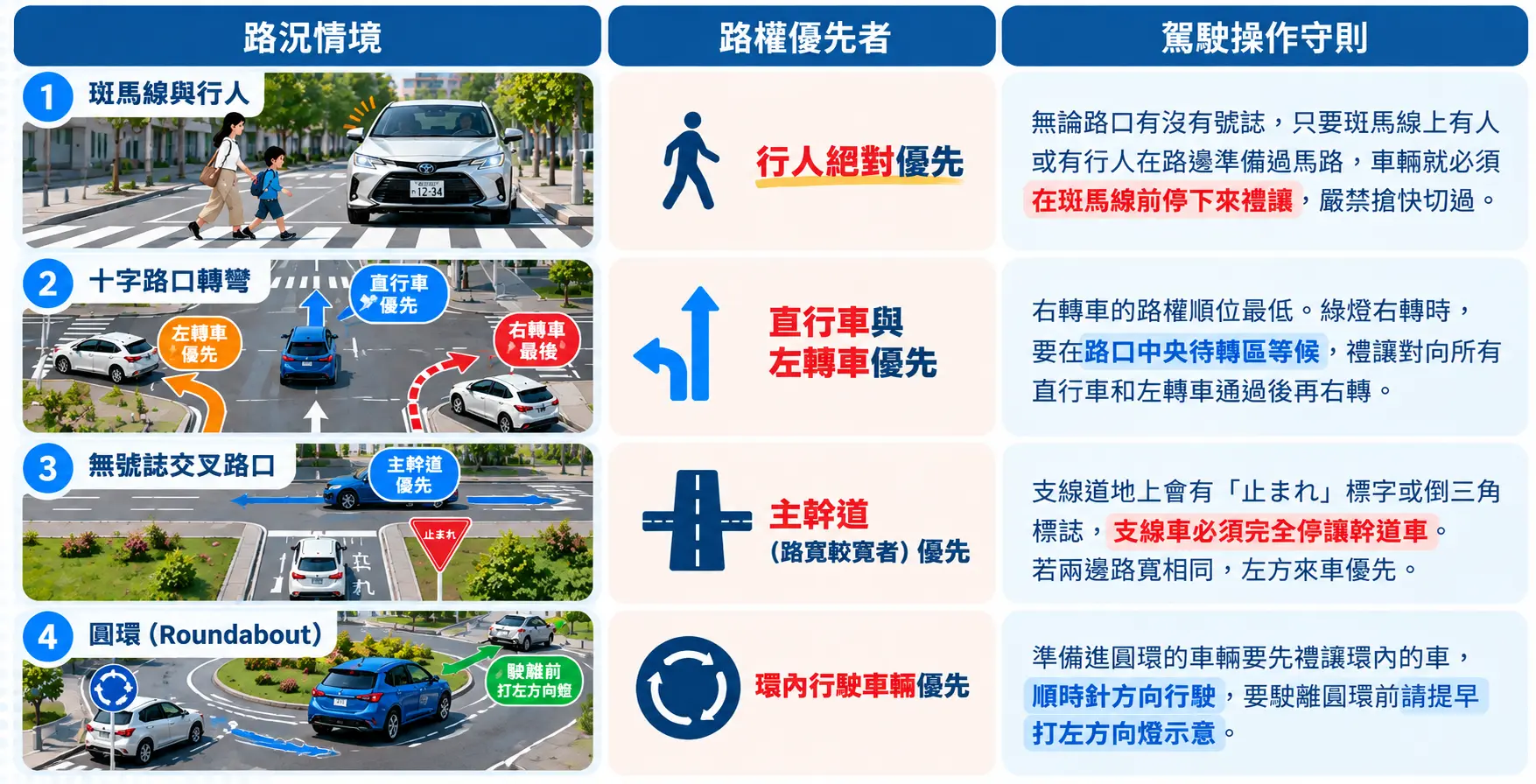 日本自駕路權規則圖,說明行人優先、十字路口轉彎、無號誌路口及圓環行駛方式