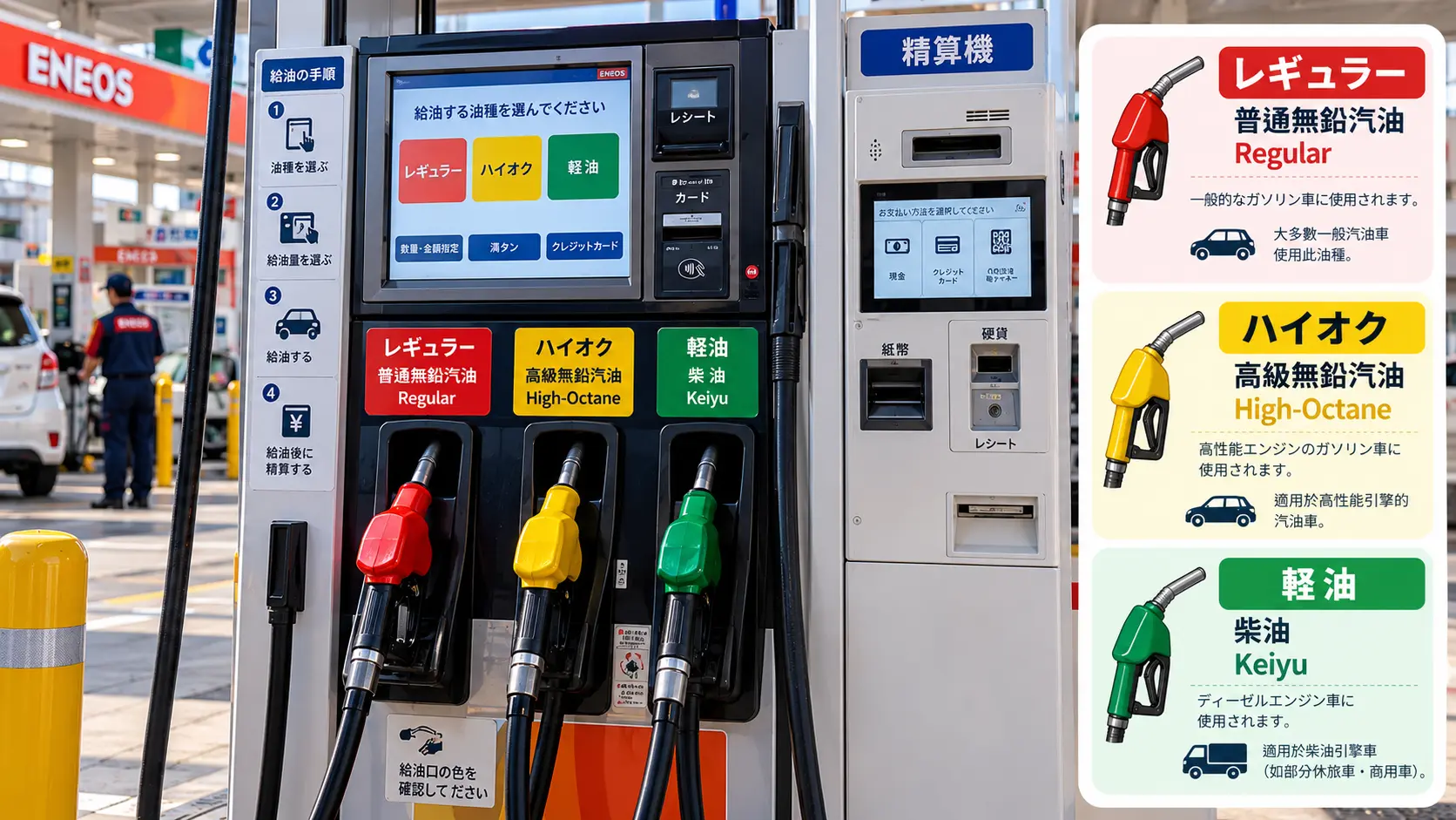 日本自助加油機油種對照,紅色 Regular 普通汽油、黃色 High-Octane 高級汽油及綠色柴油