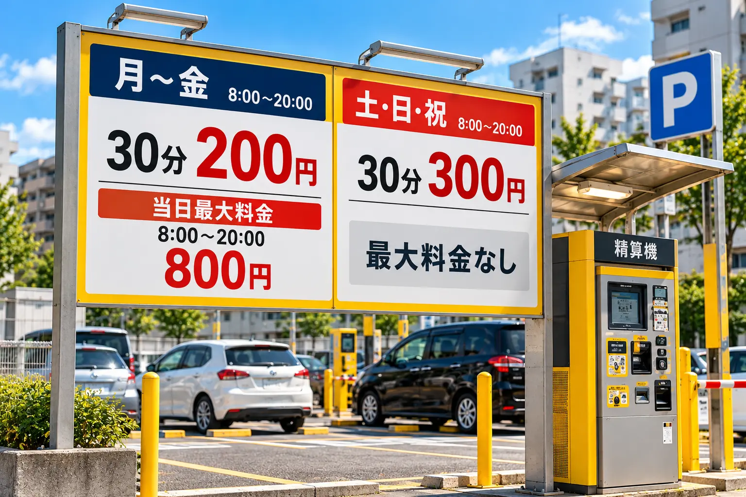 日本停車場收費看板與精算機實景示意,平日每30分鐘200日圓、最高800日圓,假日每30分鐘300日圓且不設最高收費上限