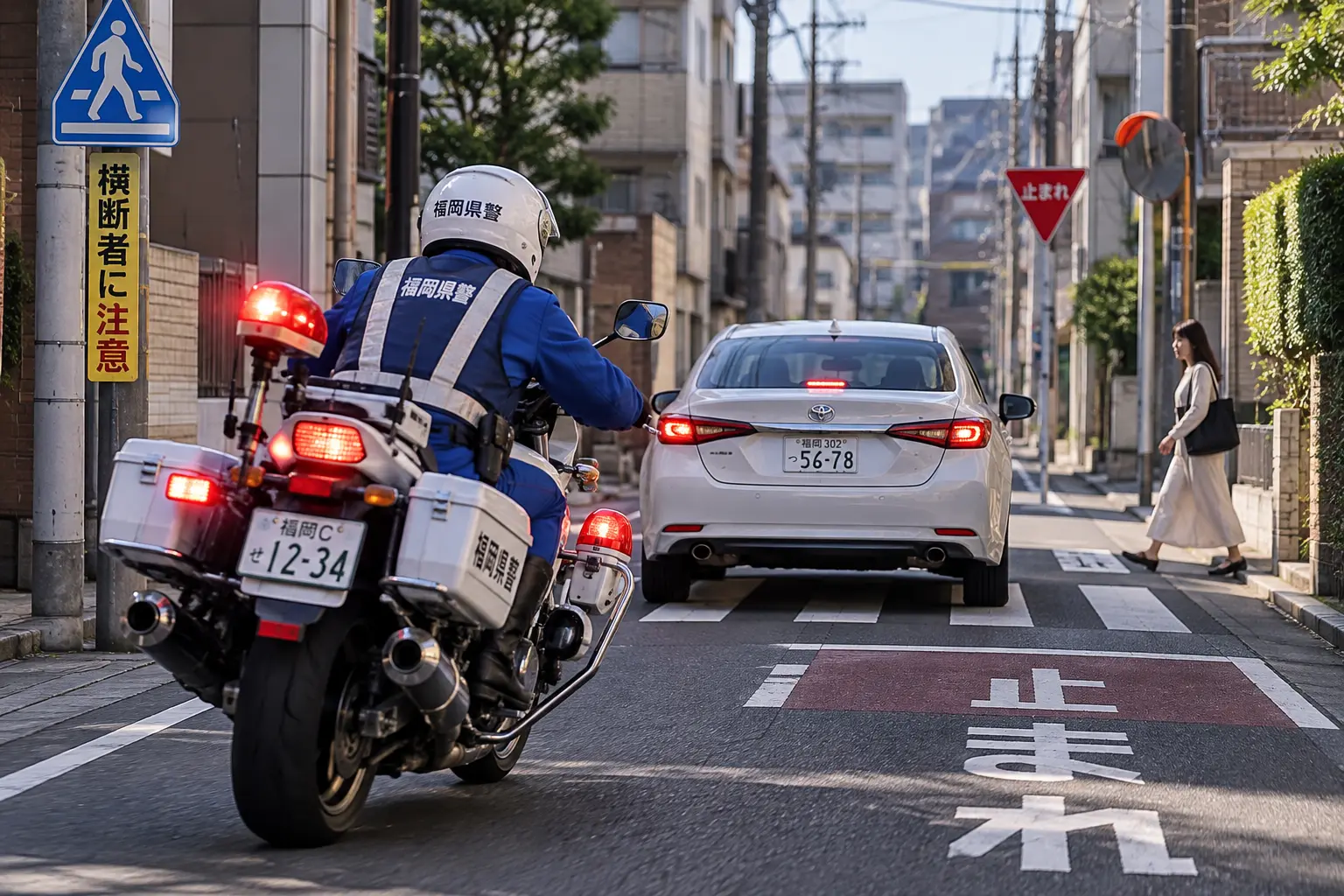 日本福岡街頭交通違規取締示意圖,警用重機亮起紅色警示燈,準備攔停未禮讓行人的汽車